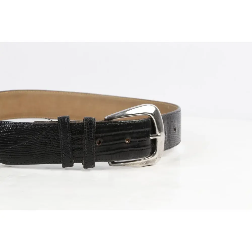 Vintage Black Genuine Lizard Leather Belt Silver Western Buckle Medium Size M